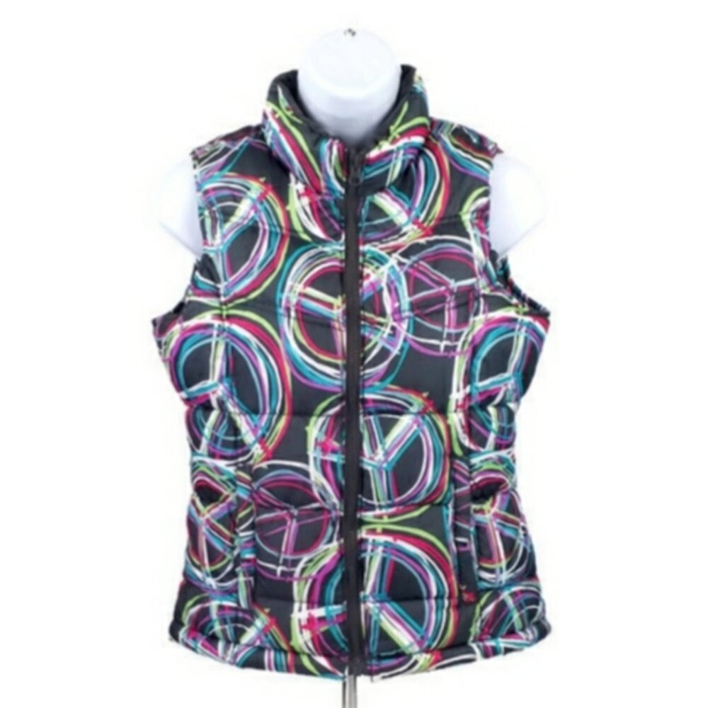 Old Navy Gray Multicolor Peace Sign Zip Up Fleece Lined Puffer Vest Girls XL/14 - Picture 2 of 10